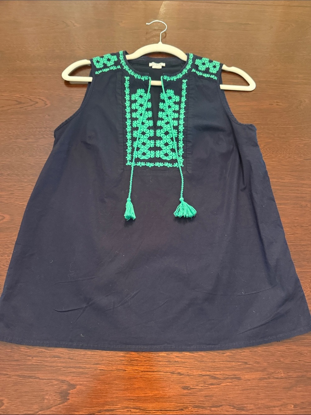 J. Crew Navy Sleeveless Top with Green Embroidered Bib